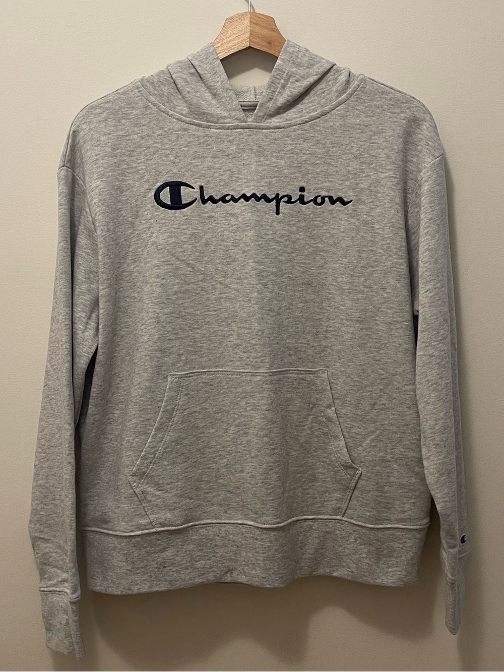 Champion Women’s Light Gray Pullover Hoodie with Navy Script